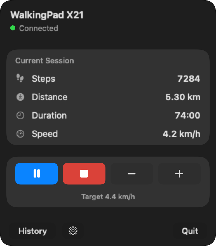 Paceora control menu showing treadmill connection, session stats, and speed controls