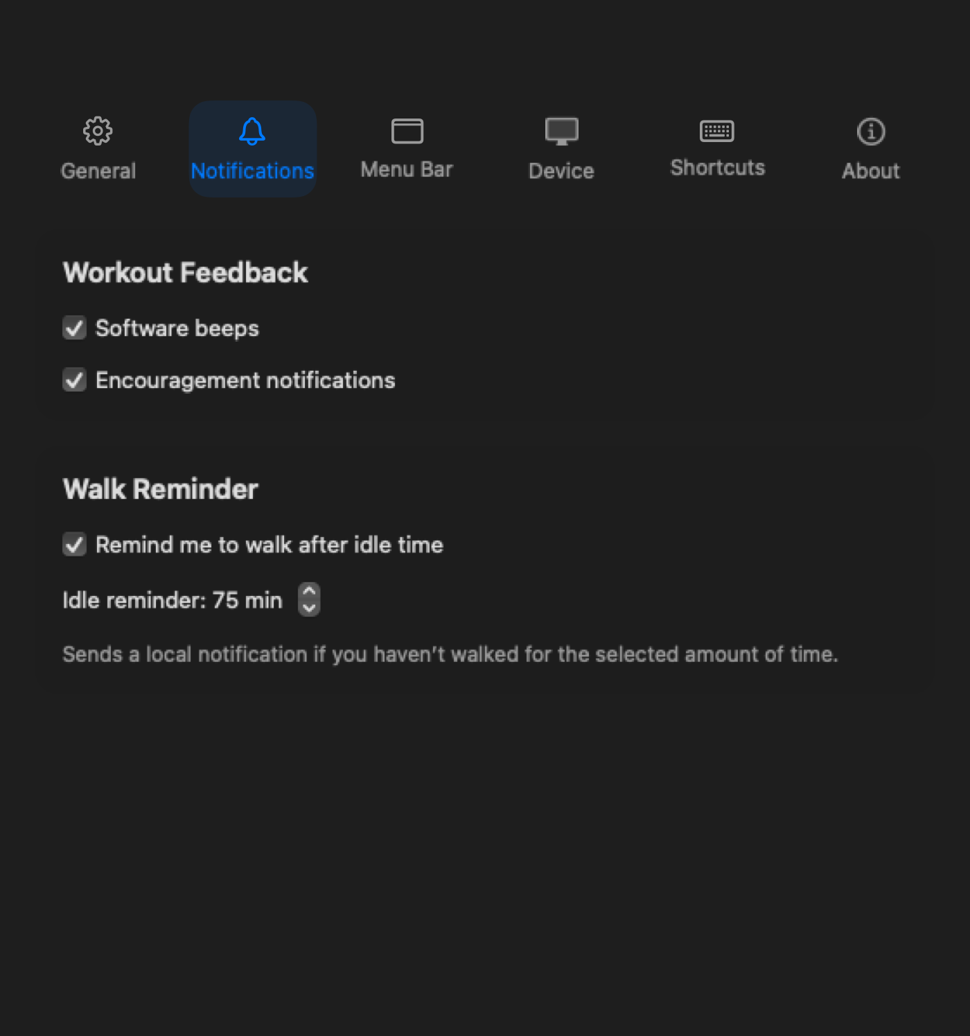 Notifications settings screen